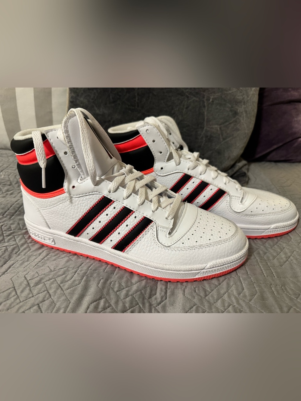 adidas Originals White High-Top Sneakers with Black & Neon Red Accents